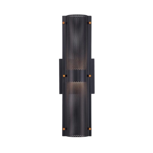 Modern black wall sconce with perforated metal design and warm LED light, suitable for contemporary indoor spaces.