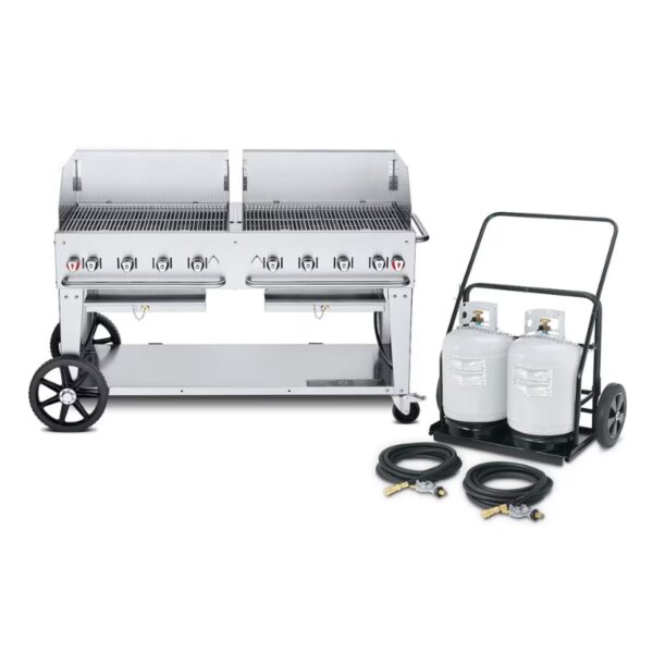 Large stainless steel gas grill with dual cooking areas, featuring multiple burners, two propane tanks, and connection hoses on a wheeled cart for easy mobility.