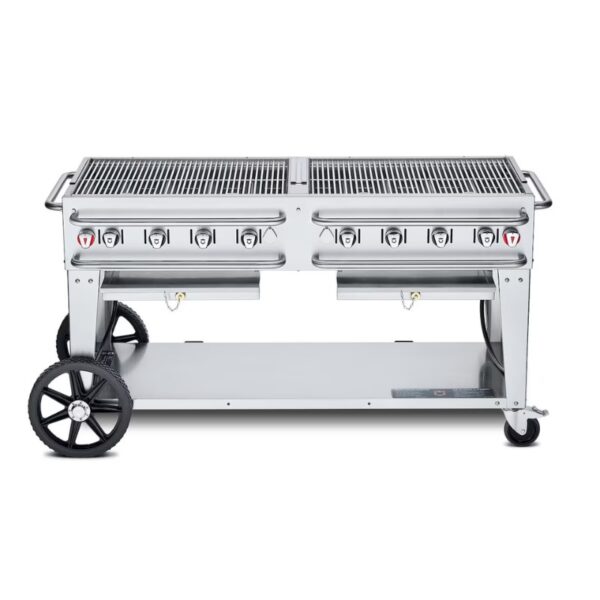 Stainless steel double gas grill on wheels with multiple burners and a lower storage shelf, ideal for outdoor cooking and barbecues.