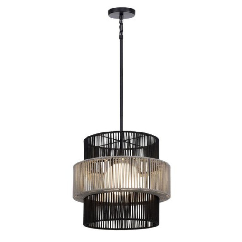 Modern pendant lamp with black and natural wood design, featuring two circular shades and a sleek black finish. Ideal for contemporary home decor.