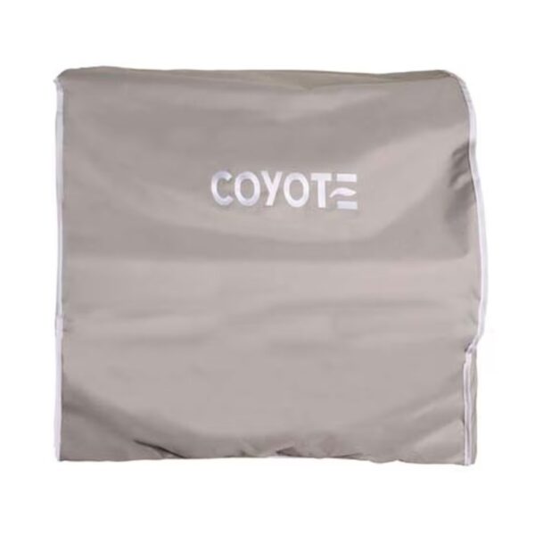 Coyote grill cover in light gray, designed for durability and weather resistance, featuring the "Coyote" logo.
