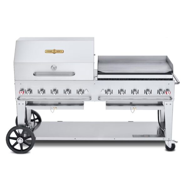 Stainless steel commercial gas grill with multiple burners and a flat top cooking surface, featuring sturdy wheels for mobility.