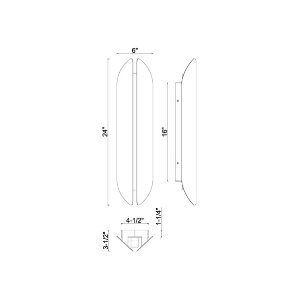 Diagram illustrating the dimensions of a sleek, elongated object, measuring 24 inches in length, 6 inches in width, and 16 inches in height, with additional measurements showing a depth of 4.5 inches and a base width of 3.5 inches.