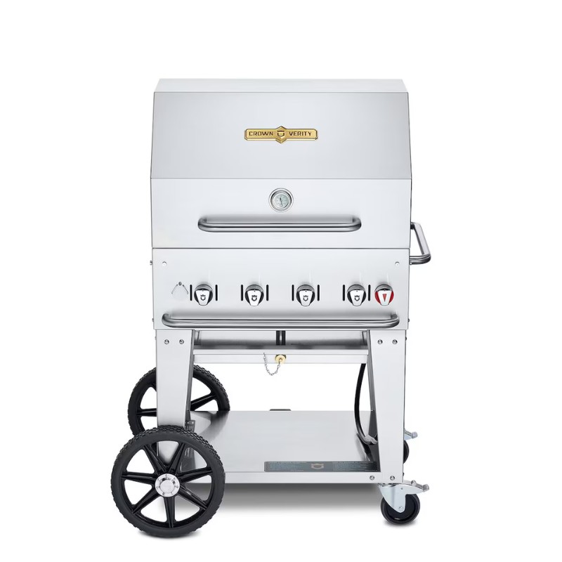 Stainless steel outdoor gas grill with four burners, cart design, and large wheels for mobility. Ideal for barbecuing and outdoor cooking.