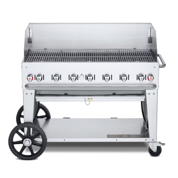 Stainless steel gas grill on wheels with multiple burners and a spacious cooking area, ideal for outdoor barbecues.