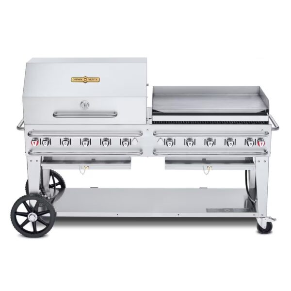Stainless steel outdoor gas grill with multiple burners, side shelves, and wheels for mobility. Ideal for barbecues and outdoor cooking.