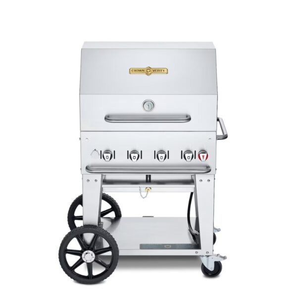 Stainless steel outdoor gas grill with four burners, a built-in temperature gauge, and durable wheels for mobility.