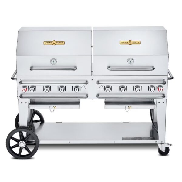 Stainless steel commercial double grill with multiple burners and wheels for easy mobility, ideal for outdoor cooking and barbecues.