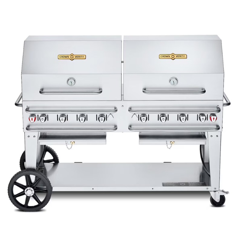 26ed3eda-a002-49d5-a42e-1f43bcaf6420.jpg Stainless steel commercial double grill with multiple burners and wheels for easy mobility, ideal for outdoor cooking and barbecues.