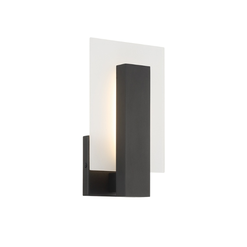 Modern wall sconce featuring a sleek black base with a rectangular glass diffuser, providing ambient lighting for contemporary interiors.