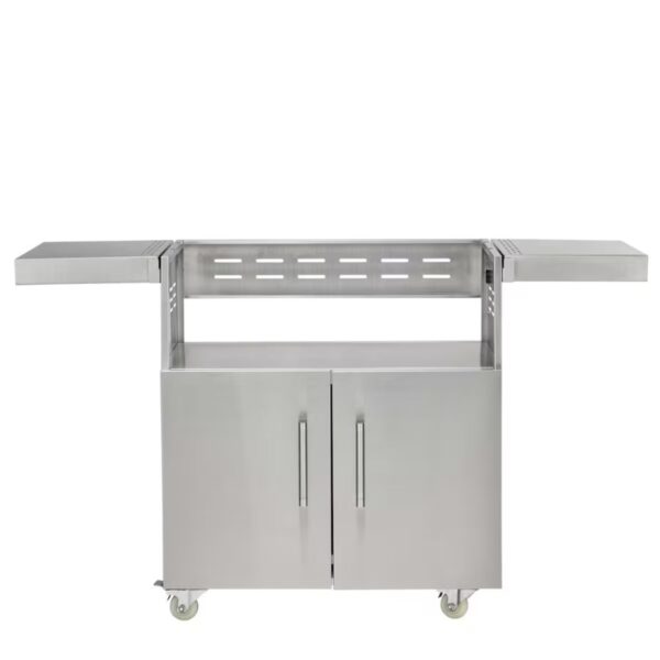 Stainless steel outdoor kitchen cart with two side shelves and double doors for storage.