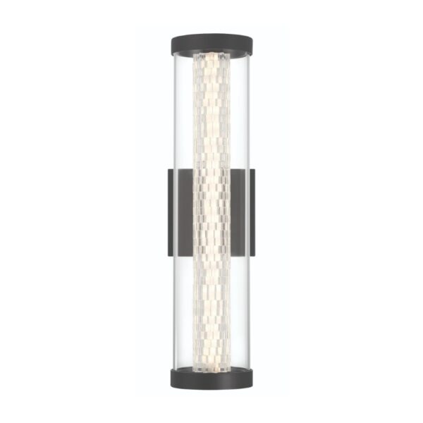 Modern cylindrical wall sconce with a clear glass shade and sleek black frame, featuring a textured light source for ambient illumination. Ideal for contemporary interior decor.