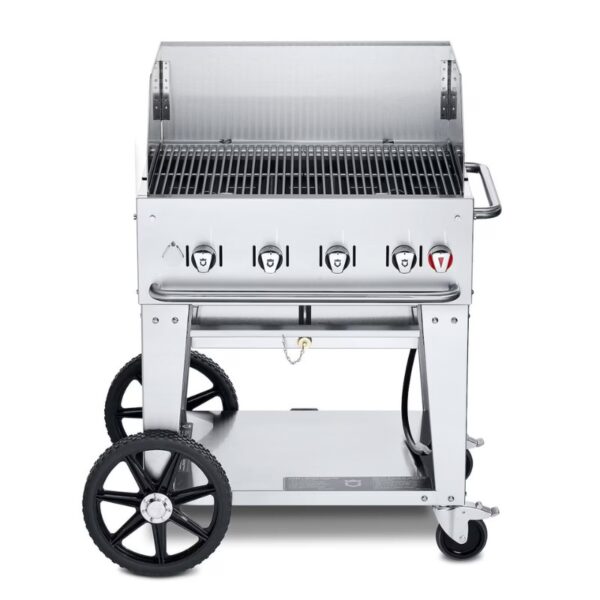 Stainless steel gas grill with five burners, a spacious cooking area, and sturdy wheels for easy mobility.