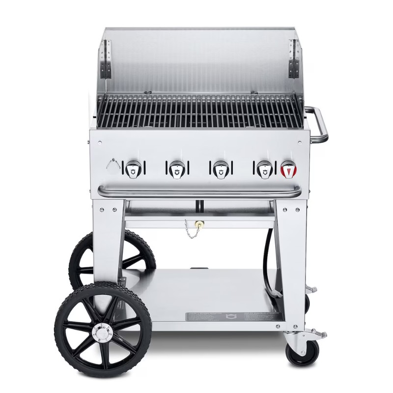 Stainless steel gas grill with five burners, a spacious cooking area, and sturdy wheels for easy mobility.
