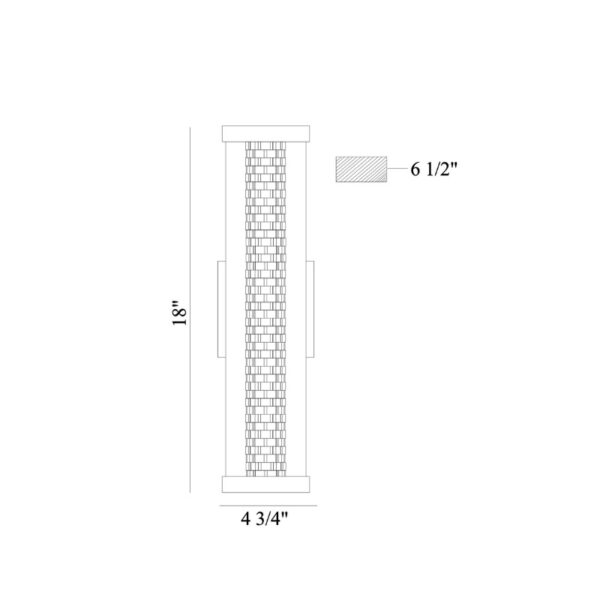 Illustration of a vertical woven wall decor measuring 18 inches in height and 4 3/4 inches in width, featuring side handles for mounting.