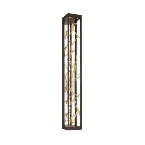 Modern floor lamp with a geometric black frame, featuring intertwined golden branches as decorative elements, providing a unique lighting design for contemporary interiors.