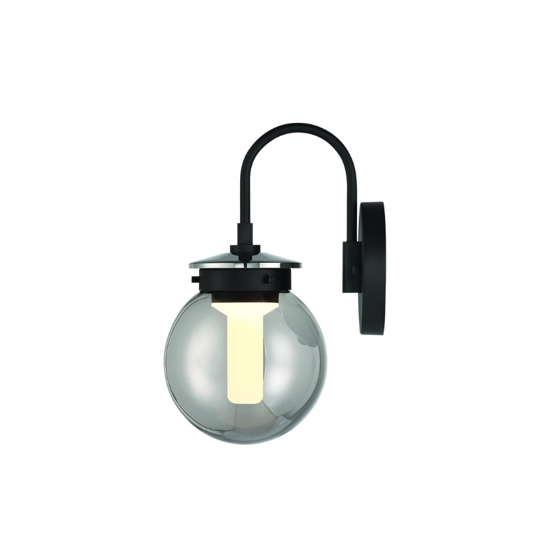 Modern wall sconce featuring a sleek black arm and a round glass globe with a warm LED bulb, ideal for contemporary decor.