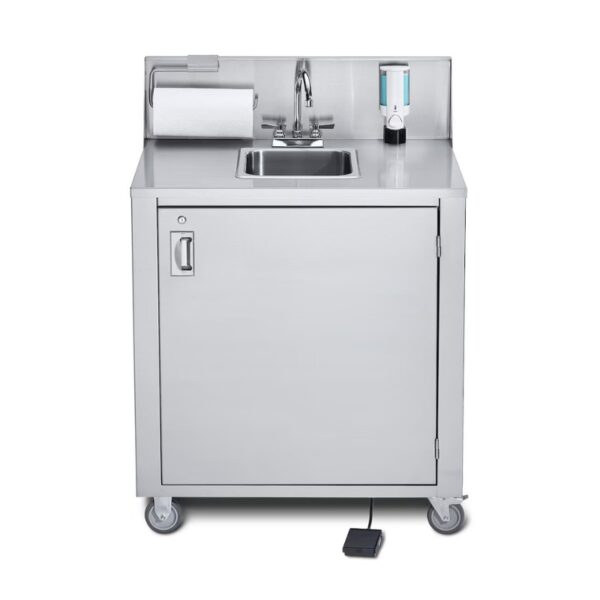 Stainless steel mobile handwashing station with sink, paper towel dispenser, soap dispenser, and foot pedal for hands-free operation.