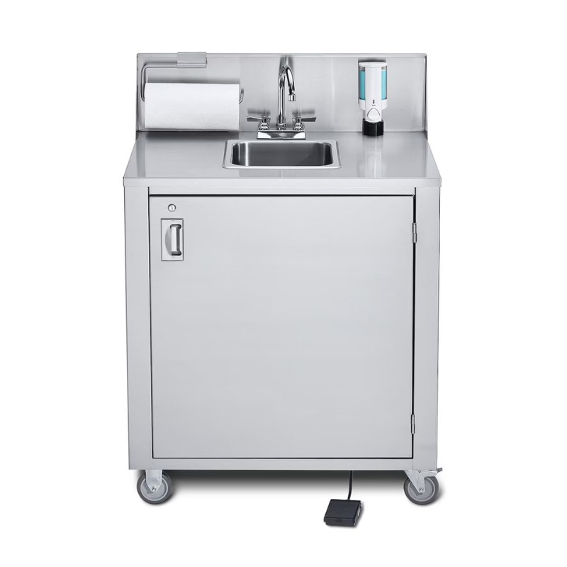 Stainless steel mobile handwashing station with sink, paper towel dispenser, soap dispenser, and foot pedal for hands-free operation.