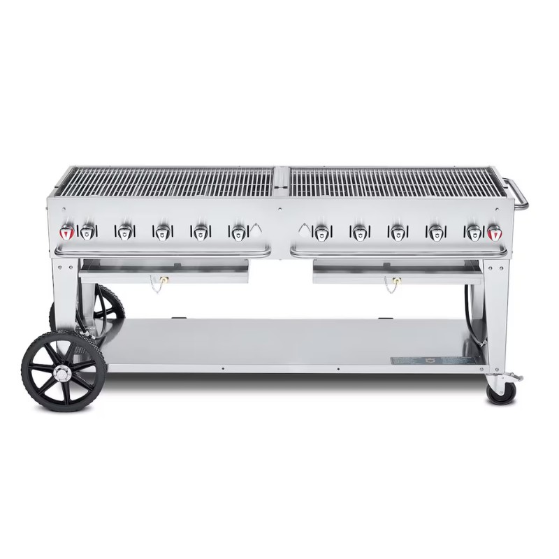 Stainless steel outdoor grill with multiple burners and wheels for easy mobility, designed for large gatherings and BBQ events.