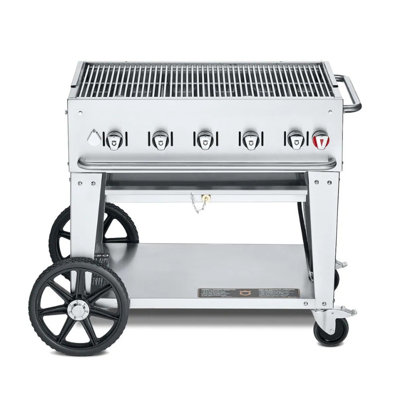 Stainless steel gas grill on wheels with multiple burners and a storage shelf, ideal for outdoor cooking.