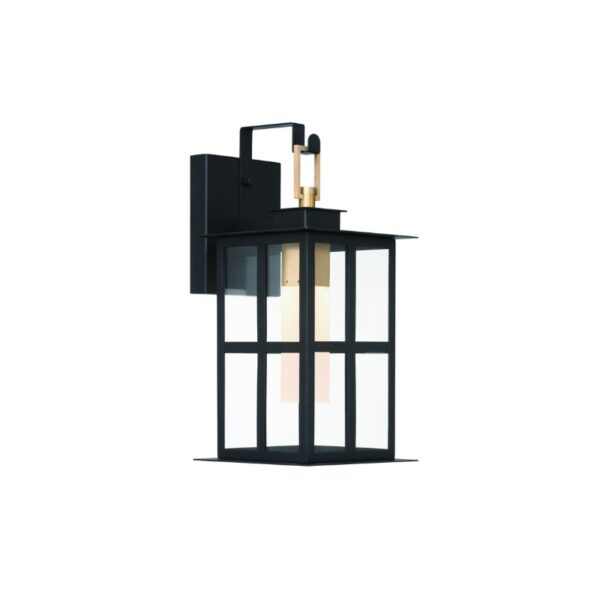 Black outdoor lantern with glass panels and a gold accent, designed for modern lighting and exterior decor.