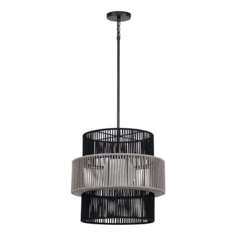 Modern pendant light fixture featuring a two-tone design with black and gray metal slats, ideal for stylish home decor.