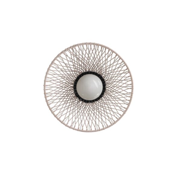 Stylish round ceiling light fixture with woven wire design and a central white bulb, perfect for modern interiors.