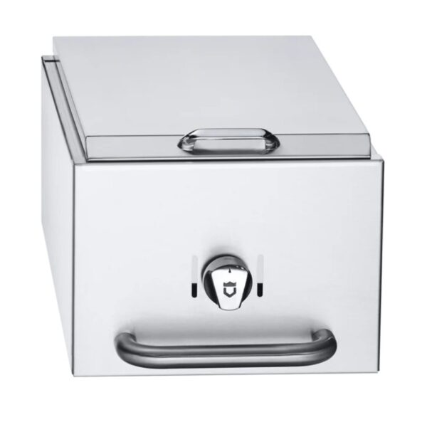 Stainless steel outdoor beverage cooler with a lid, handle, and a spigot for easy dispensing.