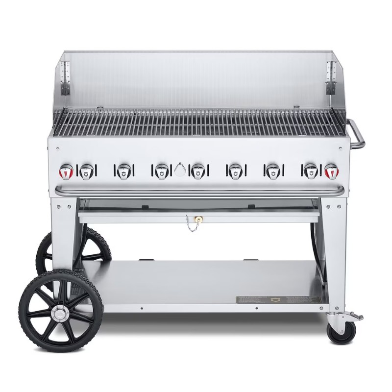 Stainless steel gas grill with multiple burners and wheels for easy mobility, designed for outdoor cooking.