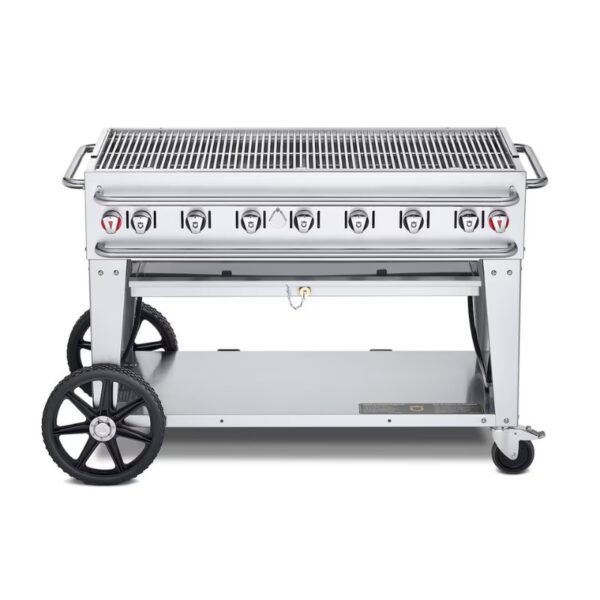 Stainless steel outdoor gas grill on wheels with multiple burners and a spacious cooking surface.