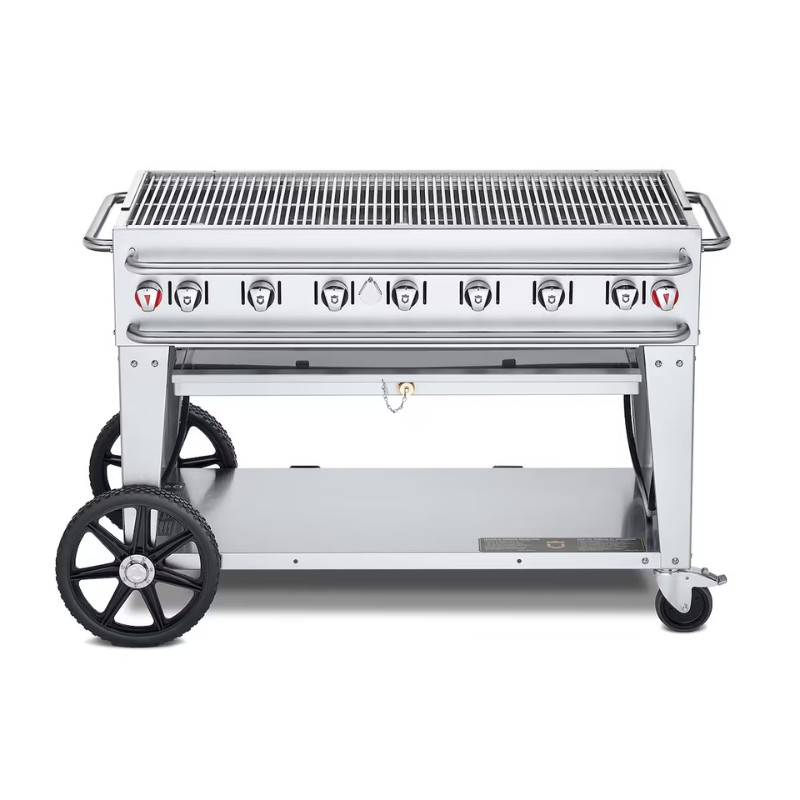 4a0833c0-6ff2-4f87-a87d-2be994174ad4.jpg Stainless steel outdoor gas grill on wheels with multiple burners and a spacious cooking surface.