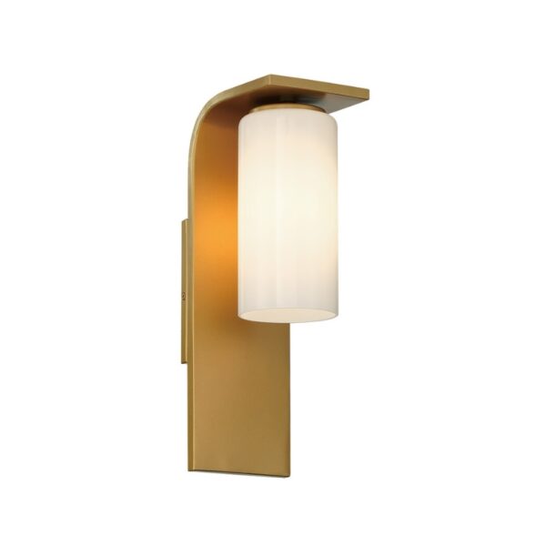 Modern gold wall sconce with a cylindrical white glass shade, ideal for contemporary home decor.