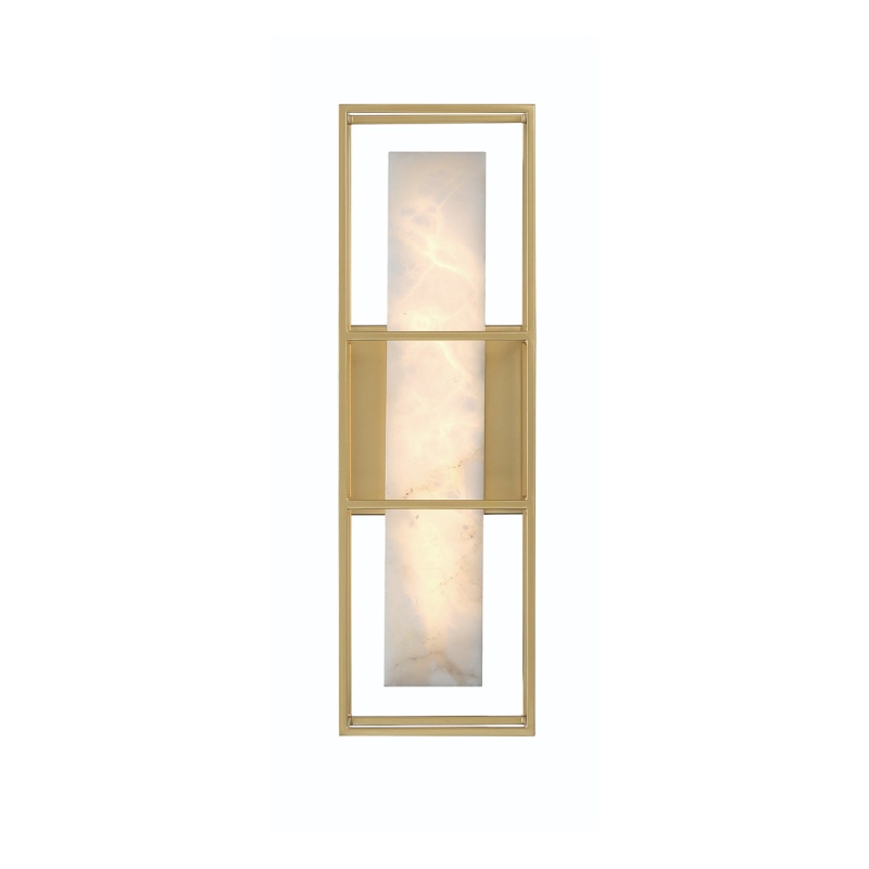 Gold-framed modern wall sconce featuring a translucent light panel, ideal for contemporary home decor.