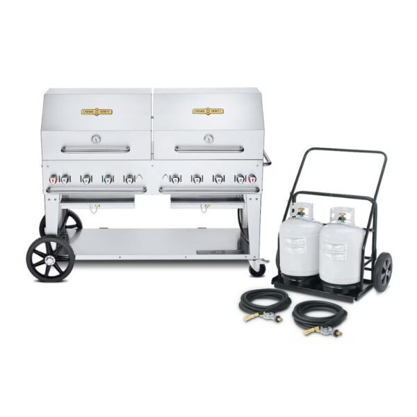 Stainless steel double grill with multiple burners and a wheeled propane tank cart featuring two gas tanks and hoses for outdoor cooking.