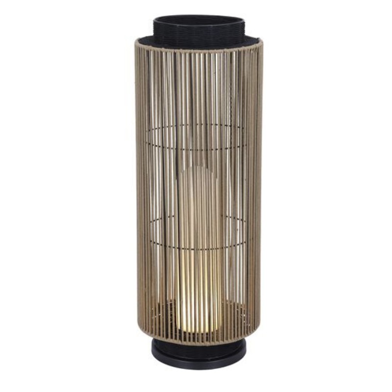 Modern cylindrical lamp with vertical metal slats and a warm glow, suitable for contemporary home décor.