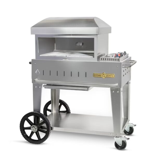 Stainless steel outdoor pizza oven with a cart, featuring a large cooking chamber, adjustable controls, and wheels for easy mobility.
