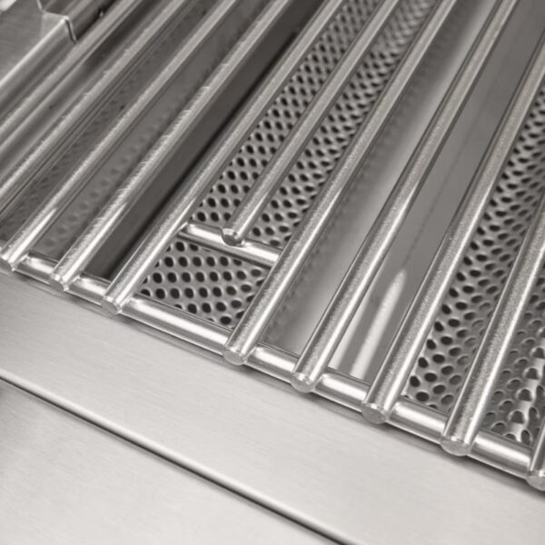 Close-up of a stainless steel grill grate with evenly spaced rods and a perforated base, ideal for outdoor cooking and grilling.