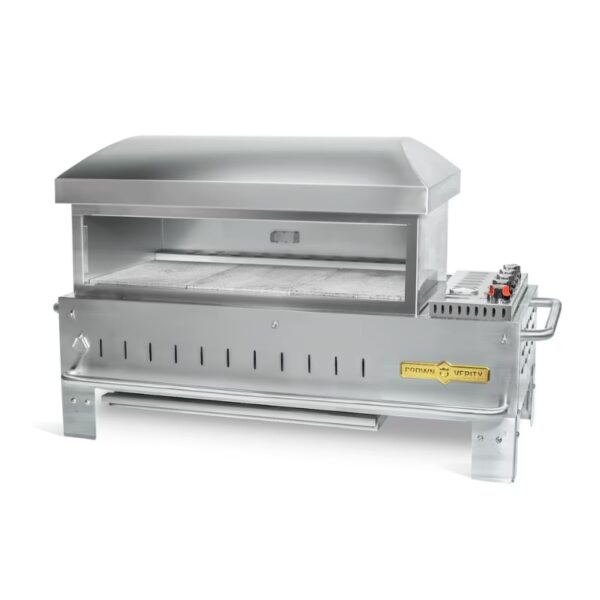 Stainless steel commercial pizza oven with a large cooking surface and control panel on the side, designed for high-efficiency cooking.