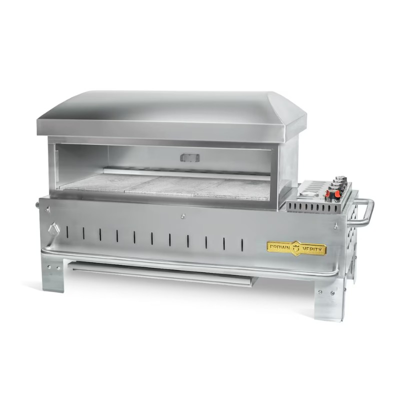 52386bfe-69df-4b12-b1dd-40576bfef207.jpg Stainless steel commercial pizza oven with a large cooking surface and control panel on the side, designed for high-efficiency cooking.