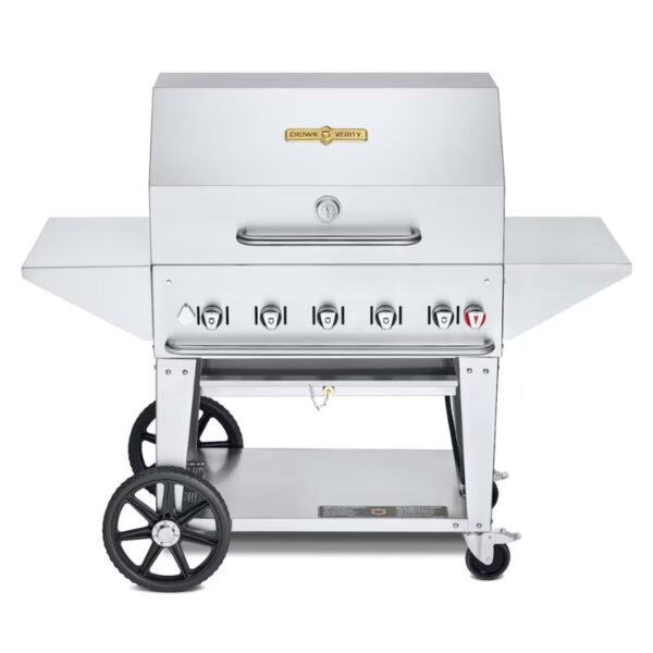 Stainless steel outdoor gas grill with multiple burners and wheels for easy mobility.