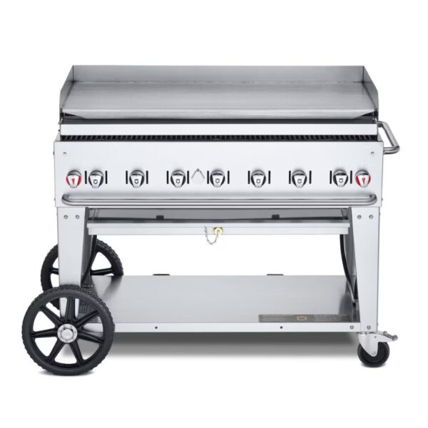 Stainless steel outdoor griddle with multiple burners, large cooking surface, and wheels for mobility. Ideal for grilling and outdoor cooking.