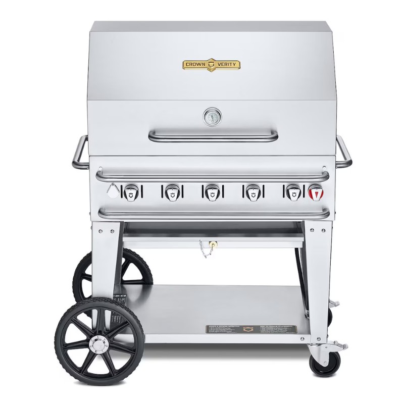 Stainless steel outdoor gas grill with multiple burners and wheels for easy mobility. Ideal for barbecuing and outdoor cooking.