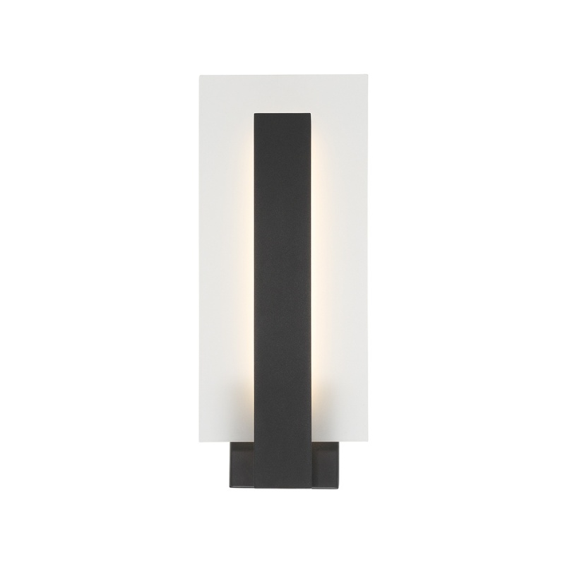 Modern wall sconce with a sleek black and white design, featuring a rectangular shape and a vertical light source for contemporary illumination.