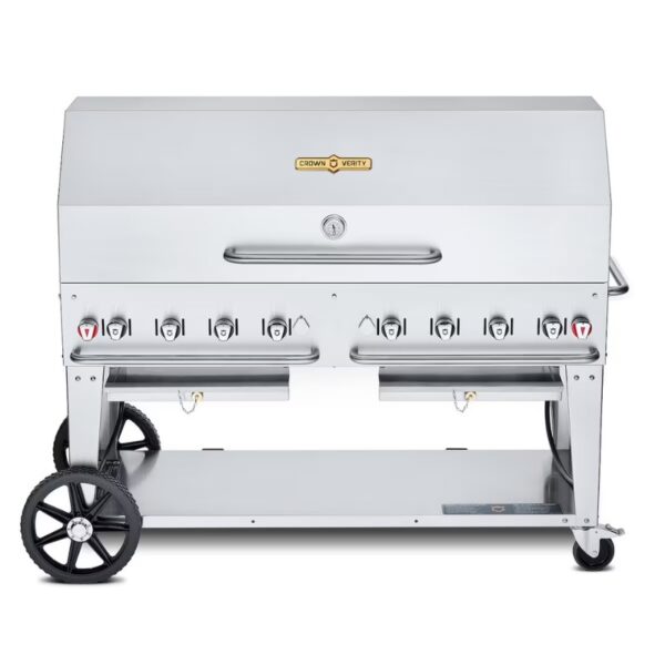 Stainless steel outdoor gas grill with multiple burners and wheels for easy mobility.