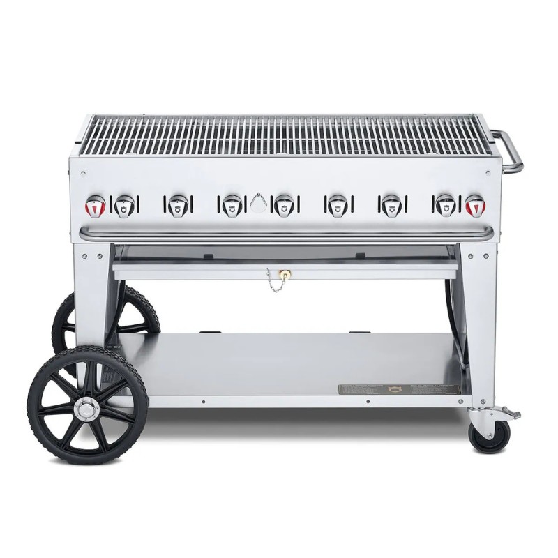 Stainless steel outdoor gas grill with multiple burners and a wheeled cart for easy mobility.