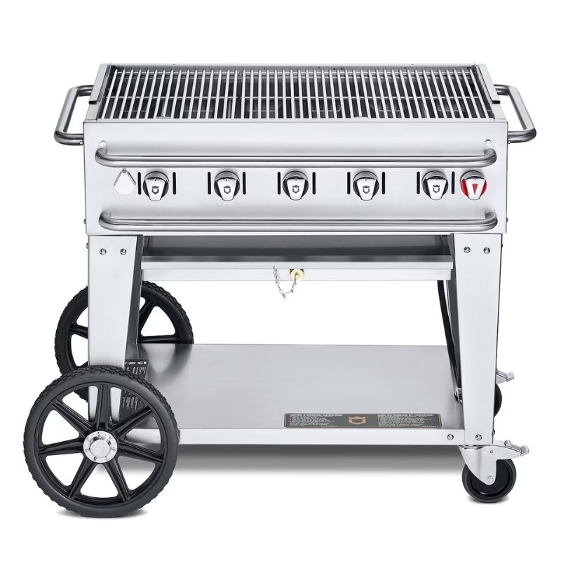 Stainless steel gas grill with five burners, adjustable knobs, and a sturdy cart design featuring large wheels for mobility.