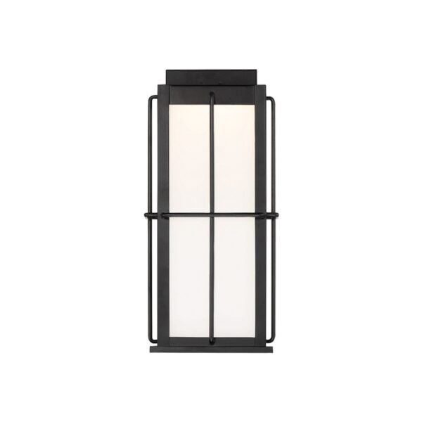 Modern wall sconce featuring a black metal frame with a rectangular, frosted glass panel. Ideal for both indoor and outdoor lighting.