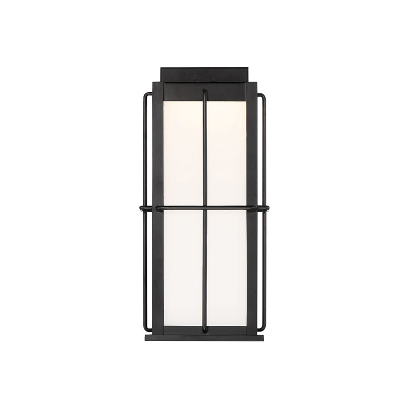 Modern wall sconce featuring a black metal frame with a rectangular, frosted glass panel. Ideal for both indoor and outdoor lighting.