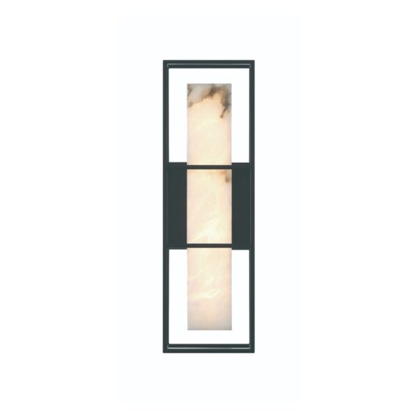 Modern vertical wall sconce featuring a sleek black frame and three rectangular light panels with a marble texture, designed for contemporary interior decor.